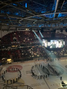 number 100 formed on ice rink